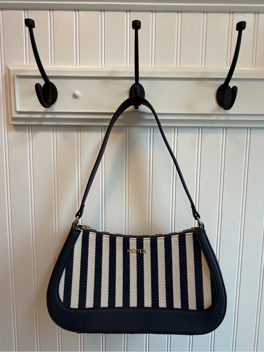 Nautica Navy & Cream Striped Shoulder Bag with Gold Logo
